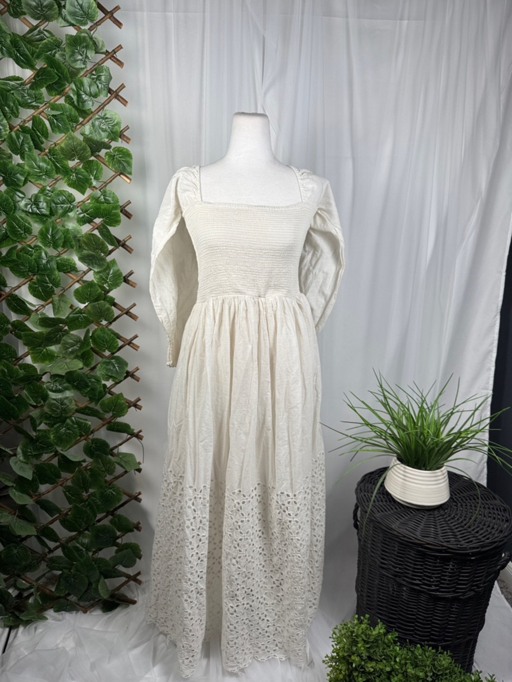 Free People Ivory Eyelet Maxi Dress with Smocked Bodice